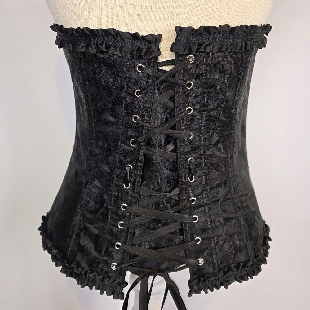 Black Lace-Up Corset Bustier Boned Gothic Steampunk Ruffle Trim Size M Victorian